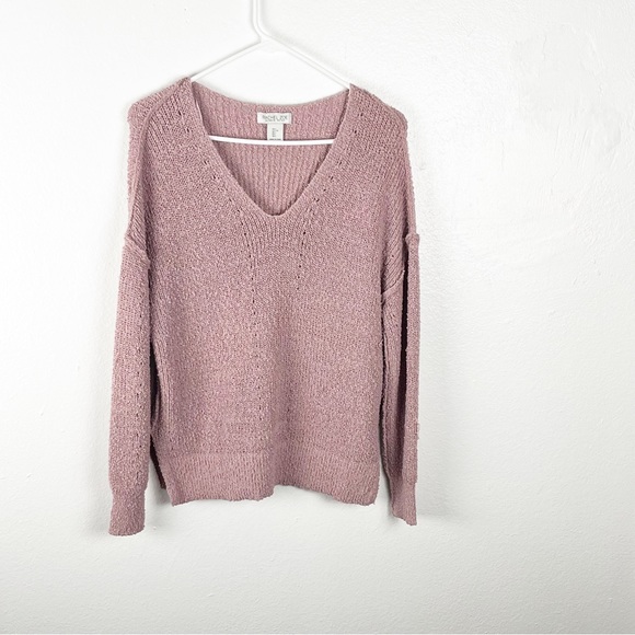 RACHEL ZOE Pink Open Knit V-Neck Long Sleeves Drop Shoulder Sweater, Size Large - Picture 1 of 8